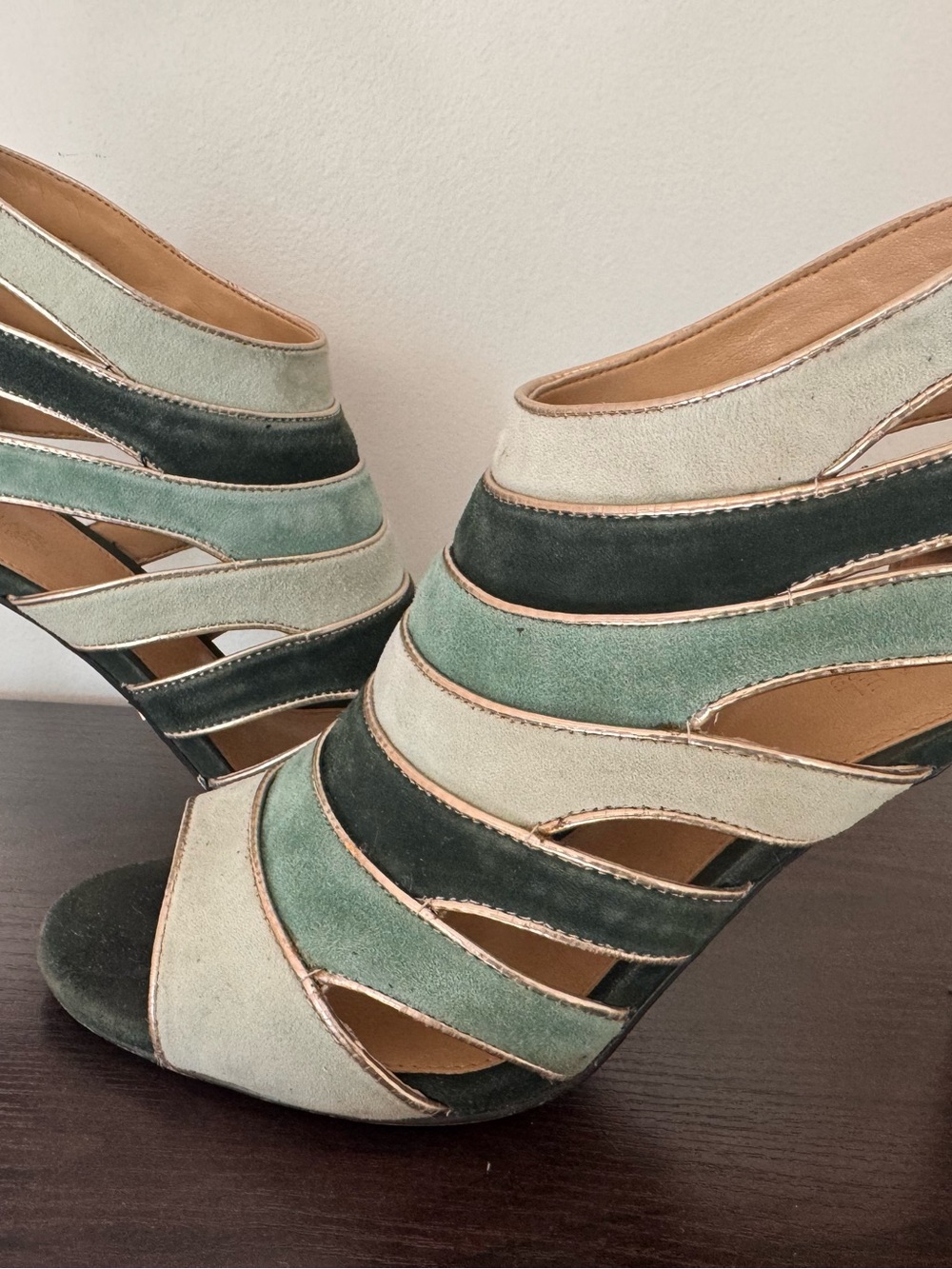 Michael Kors Suede Strappy Peep-Toe Heels in Mint and Dark Green with Tan Trim